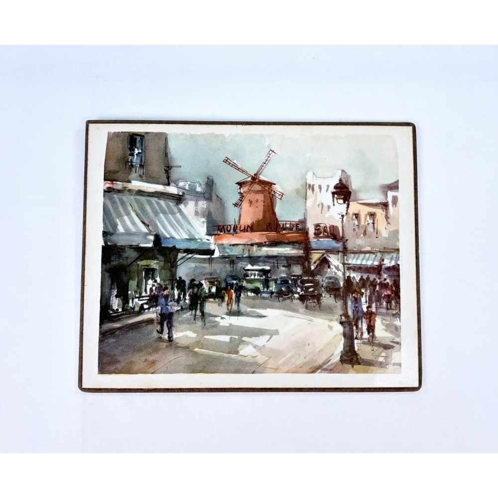 Vintage 1980s Paris Moulin Rouge Watercolor Print Wood Board Plaque Wall Art